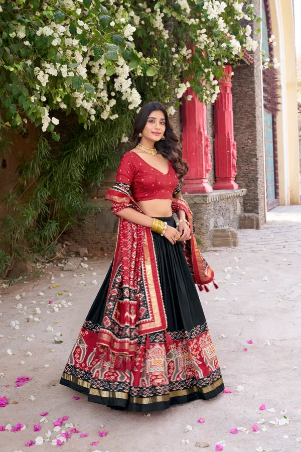 Black Tussar Silk Patola Print Trendy Lehenga Choli In Black