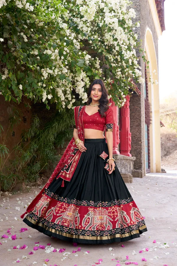 Black Tussar Silk Patola Print Trendy Lehenga Choli In Black