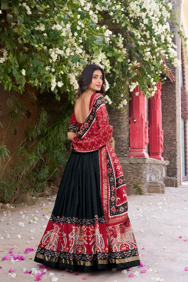 Black Tussar Silk Patola Print Trendy Lehenga Choli In Black