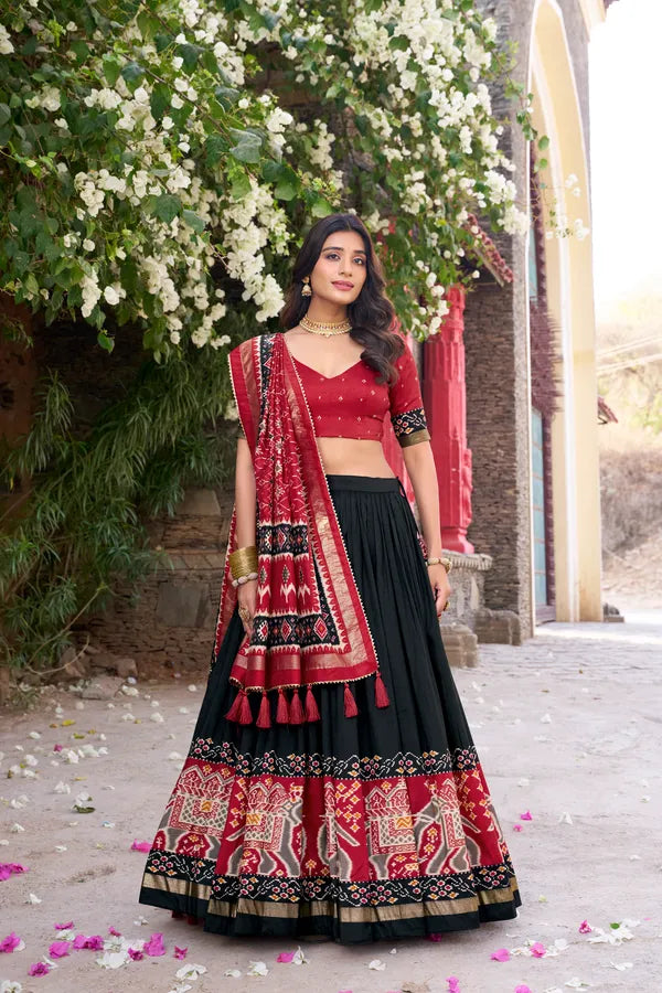 Black Tussar Silk Patola Print Trendy Lehenga Choli In Black
