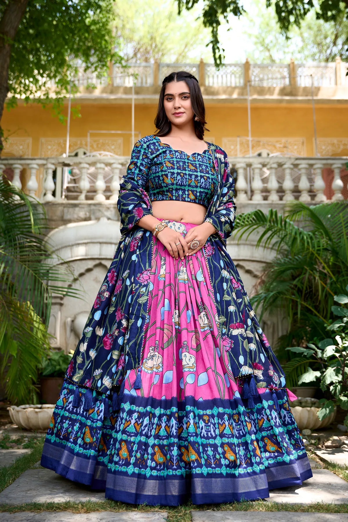Pink Tussar Silk Patola Print Trendy Lehenga Choli
