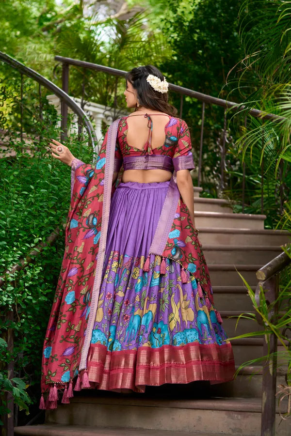 Lavender  Color Dola Silk Designer Kalamkari Print Lehenga Choli