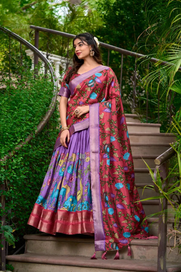 Lavender  Color Dola Silk Designer Kalamkari Print Lehenga Choli