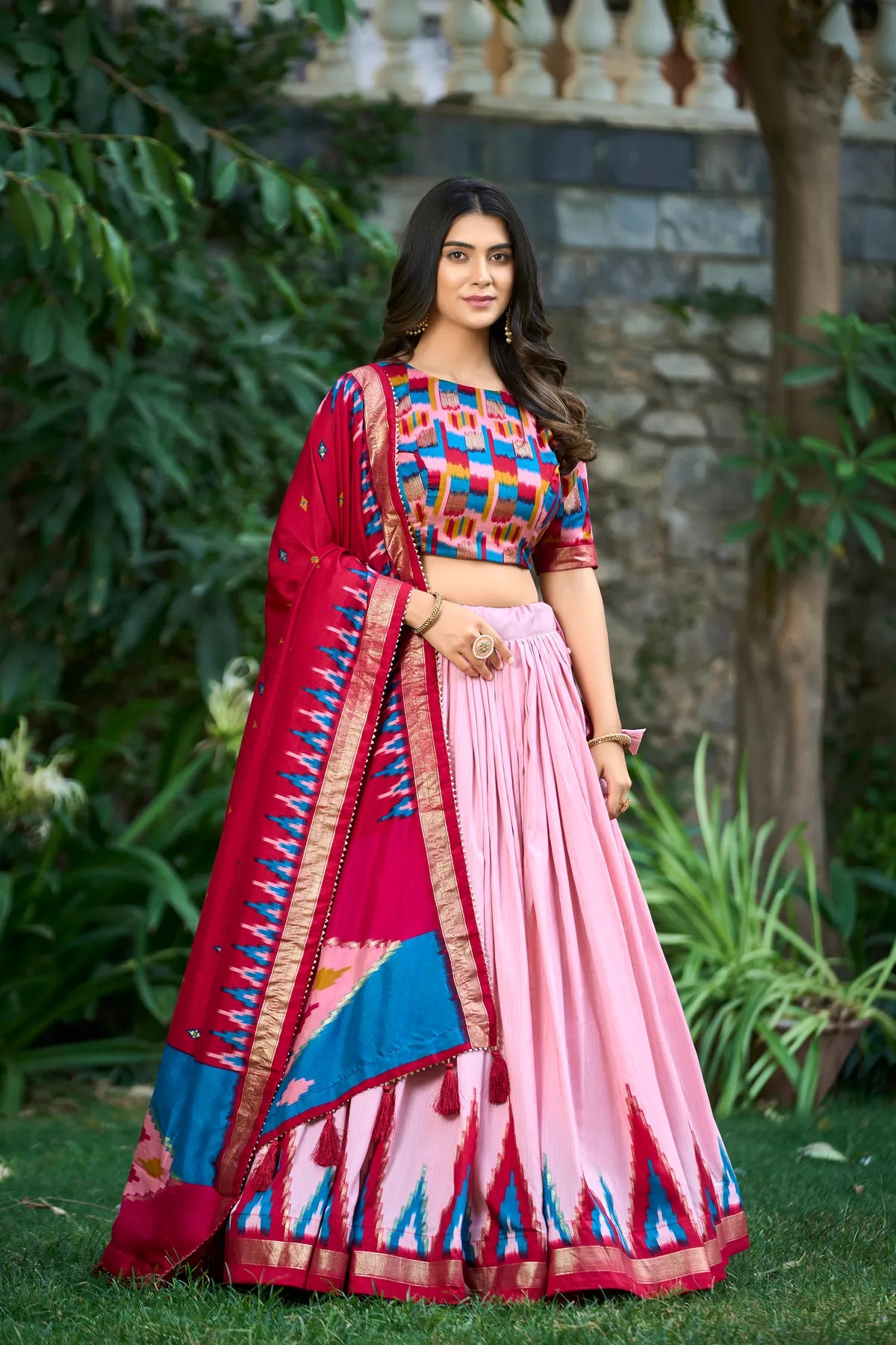 Peach Tussar Silk Printed Navratri Lehenga Choli
