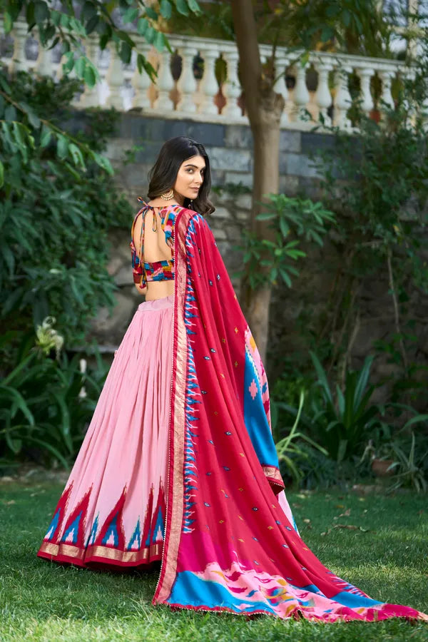 Peach Tussar Silk Printed Navratri Lehenga Choli