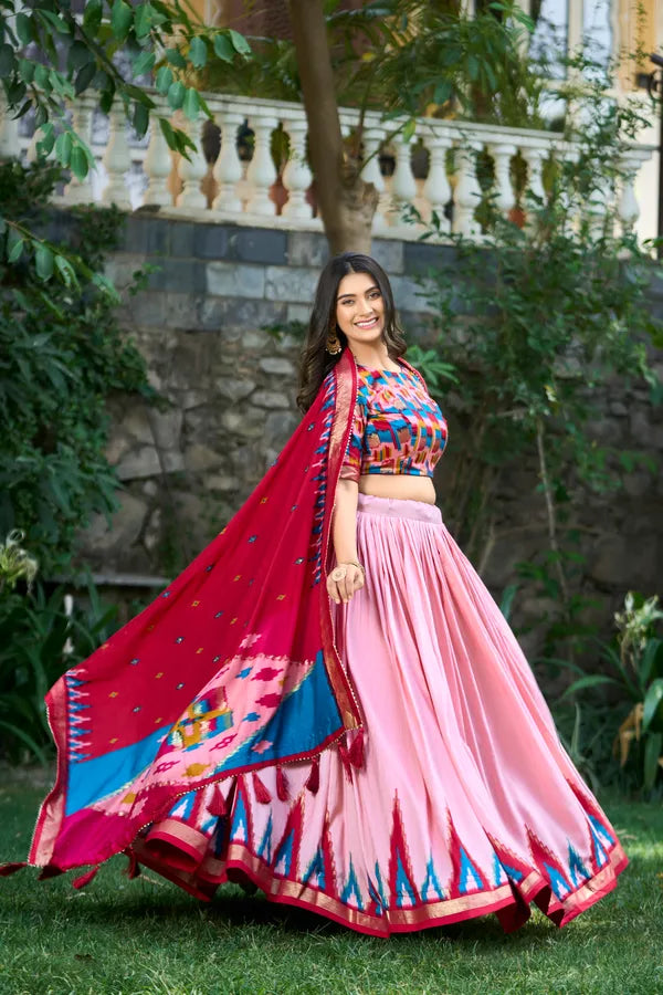 Peach Tussar Silk Printed Navratri Lehenga Choli