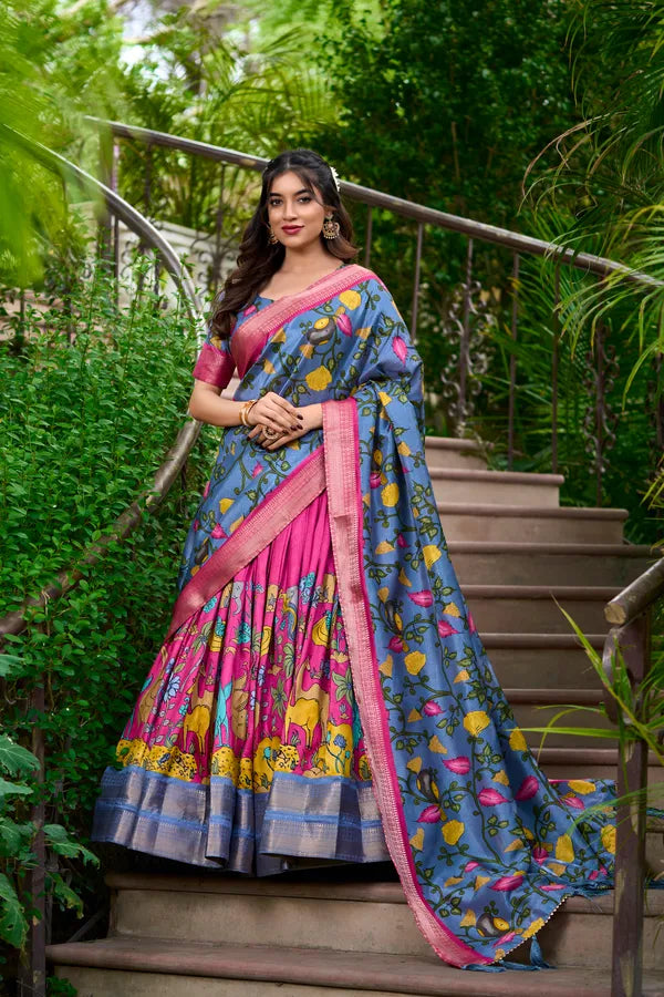 Pink Color Dola Silk Designer Kalamkari Print Lehenga Choli