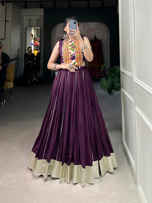 Wine Rayon Lehenga And Gamthi Work Blouse For Navratri
