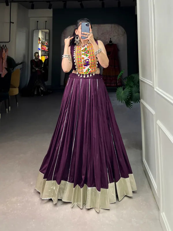 Wine Rayon Lehenga And Gamthi Work Blouse For Navratri
