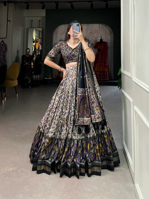 Black Color Tussar Silk Foil Print Lehenga Choli