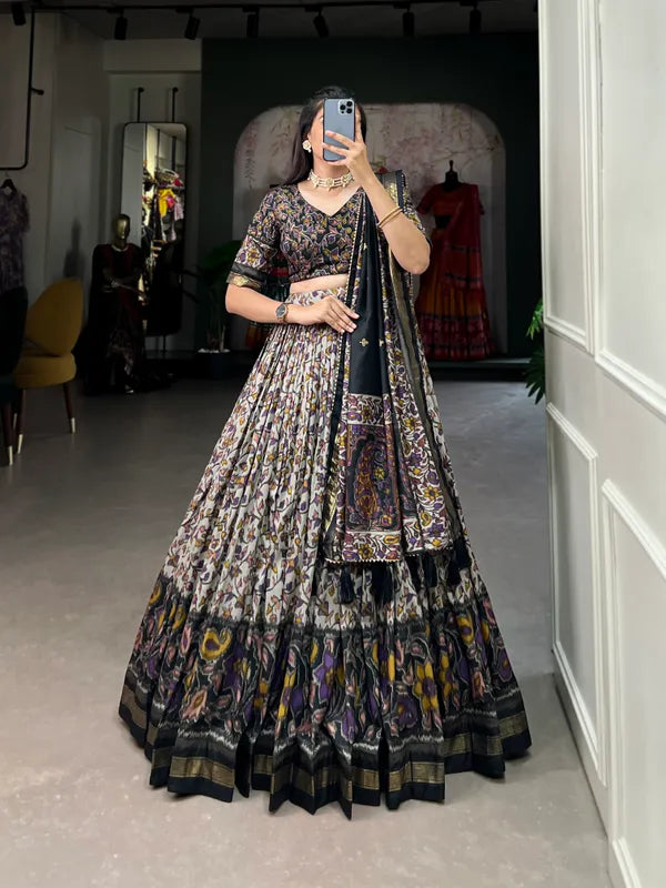 Black Color Tussar Silk Foil Print Lehenga Choli