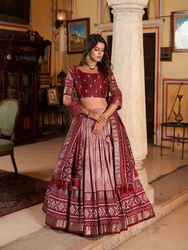 Maroon Color Silk Lehenga Choli With Patola Print Dupatta