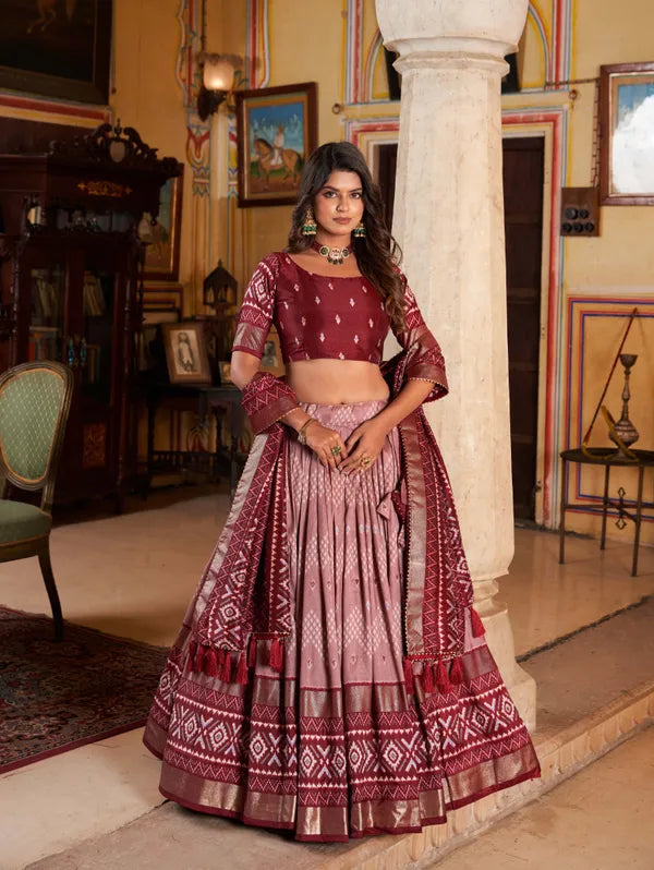 Maroon Color Silk Lehenga Choli With Patola Print Dupatta