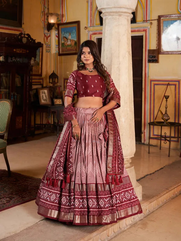 Maroon Color Silk Lehenga Choli With Patola Print Dupatta