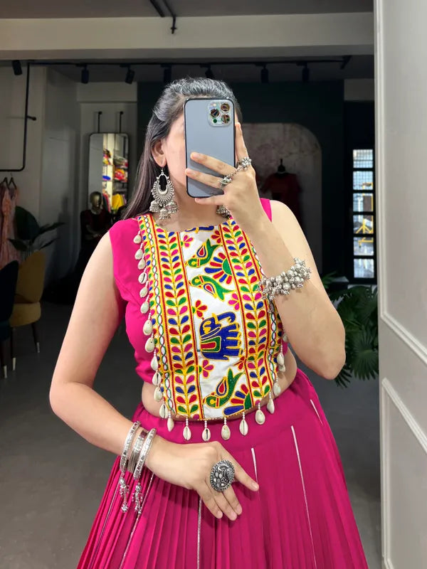 Pink Rayon Lehenga And Gamthi Work Blouse For Navratri