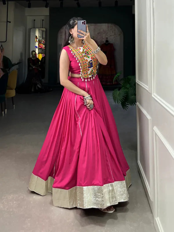 Pink Rayon Lehenga And Gamthi Work Blouse For Navratri