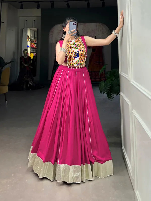 Pink Rayon Lehenga And Gamthi Work Blouse For Navratri