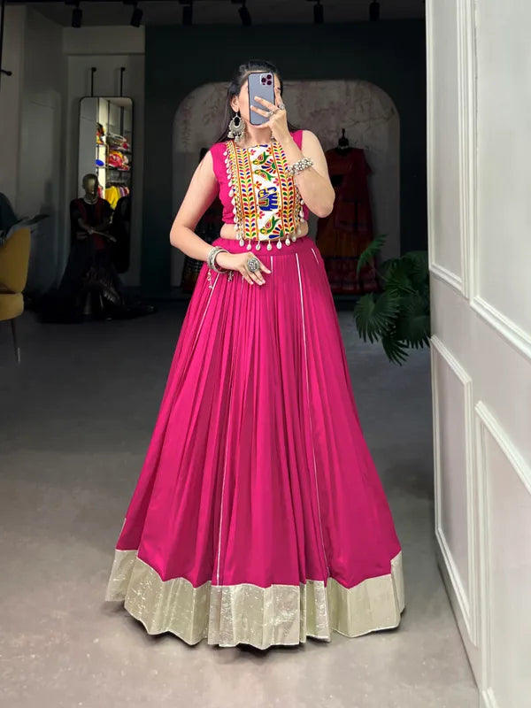 Pink Rayon Lehenga And Gamthi Work Blouse For Navratri