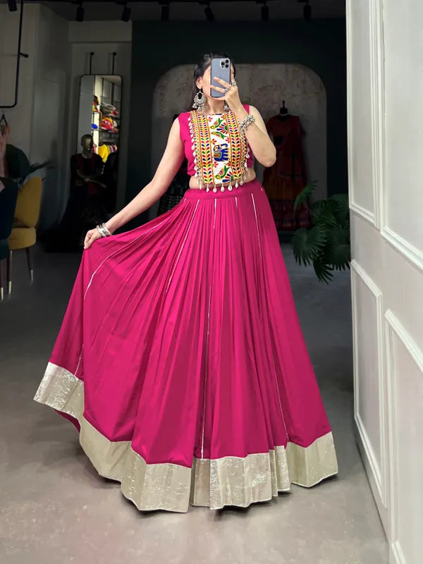 Pink Rayon Lehenga And Gamthi Work Blouse For Navratri