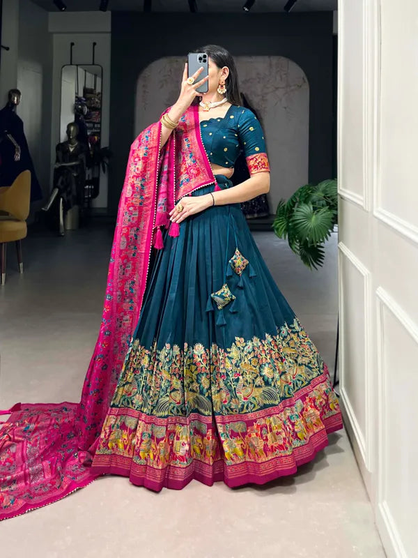 Navy Blue Tussar Silk Patola Print Trendy Lehenga Choli In Navy Blue