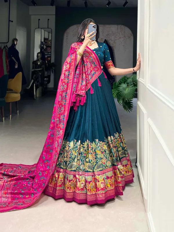 Navy Blue Tussar Silk Patola Print Trendy Lehenga Choli In Navy Blue