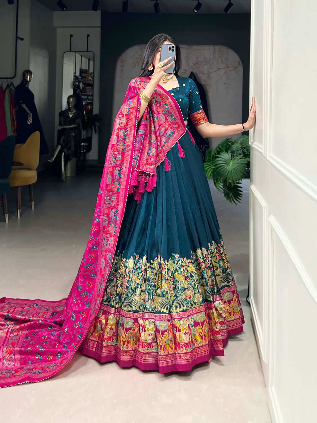 Navy Blue Tussar Silk Patola Print Trendy Lehenga Choli In Navy Blue