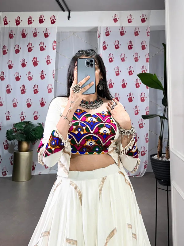 Multicolor Rayon Lehenga And Gamthi Work Blouse For Navratri