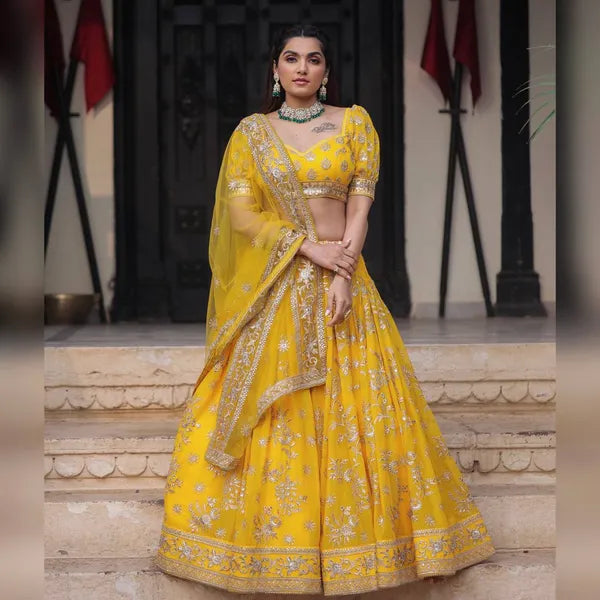 Yellow Colored Faux Georgette Party Wear Embroidery Lehenga Choli