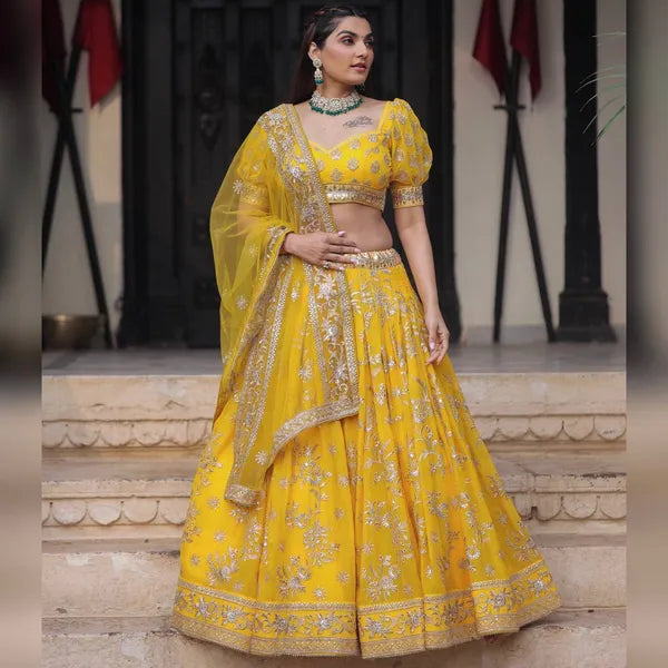 Yellow Colored Faux Georgette Party Wear Embroidery Lehenga Choli