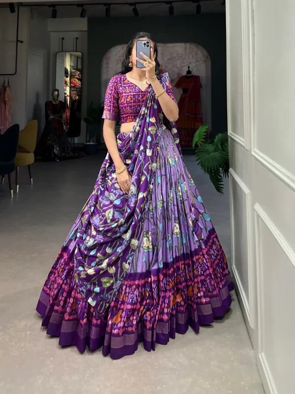 Lavender  Tussar Silk Luvendar Fabulously Patola Printed Stitched Lehenga & Blouse With Dupatta