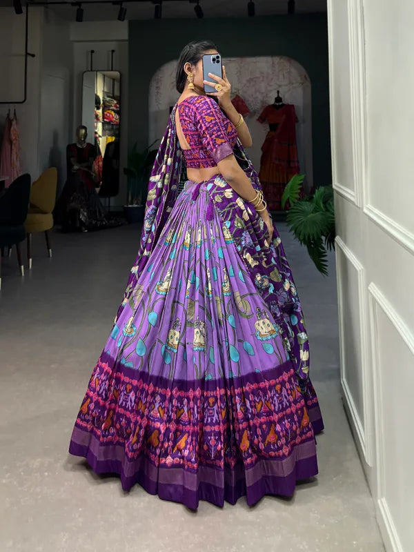 Lavender  Tussar Silk Luvendar Fabulously Patola Printed Stitched Lehenga & Blouse With Dupatta