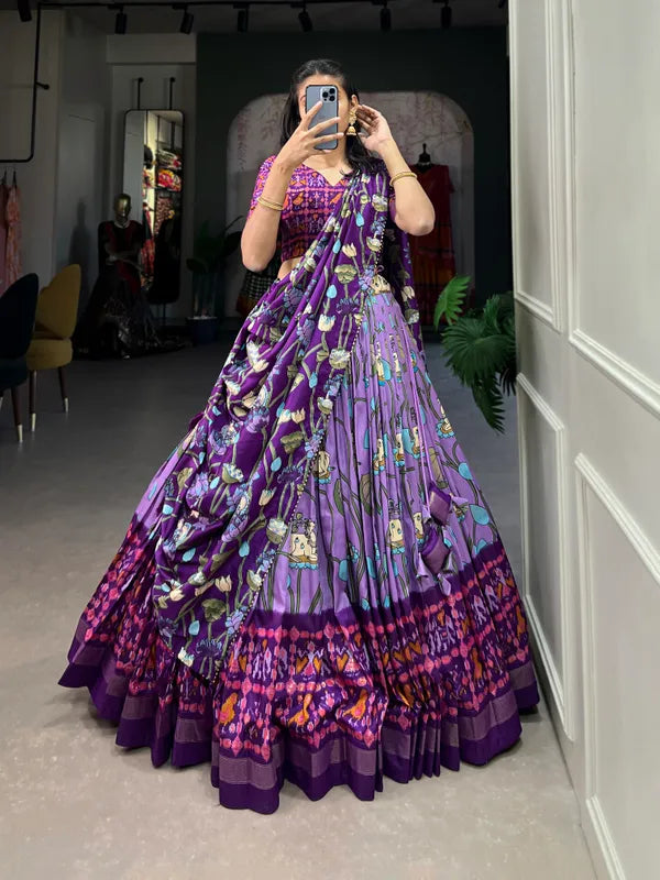 Lavender  Tussar Silk Luvendar Fabulously Patola Printed Stitched Lehenga & Blouse With Dupatta