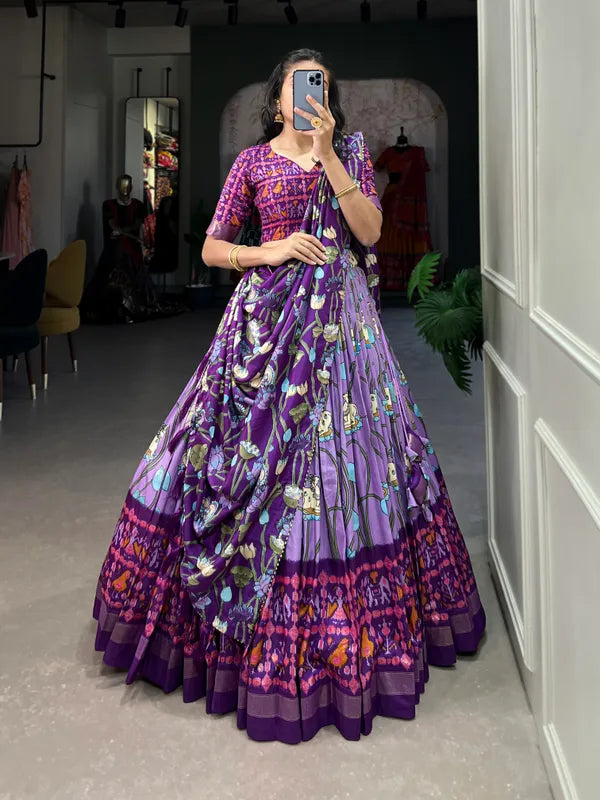 Lavender  Tussar Silk Luvendar Fabulously Patola Printed Stitched Lehenga & Blouse With Dupatta