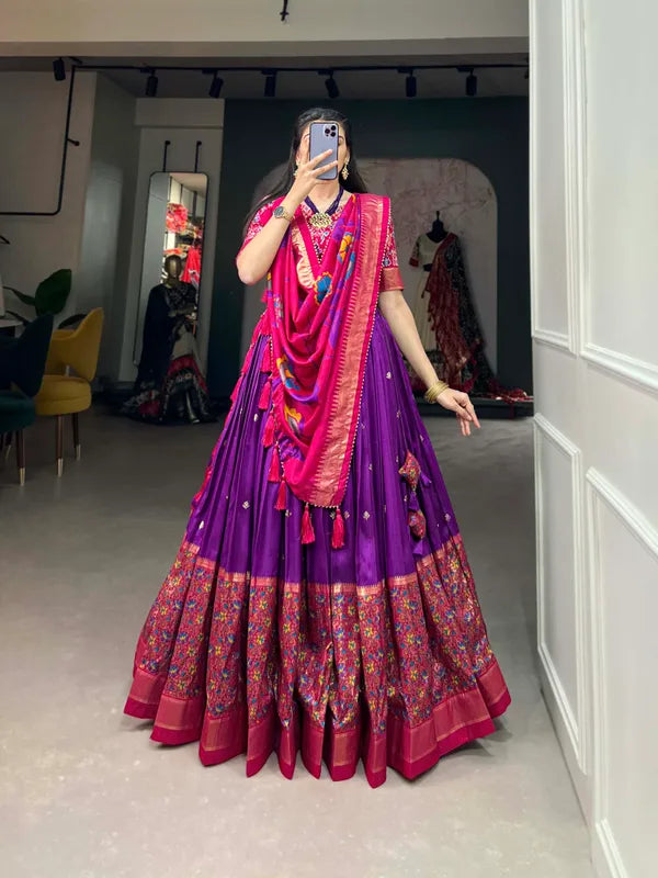Purple Women Floral Woven Flared Lehenga & Choli With Dupatta