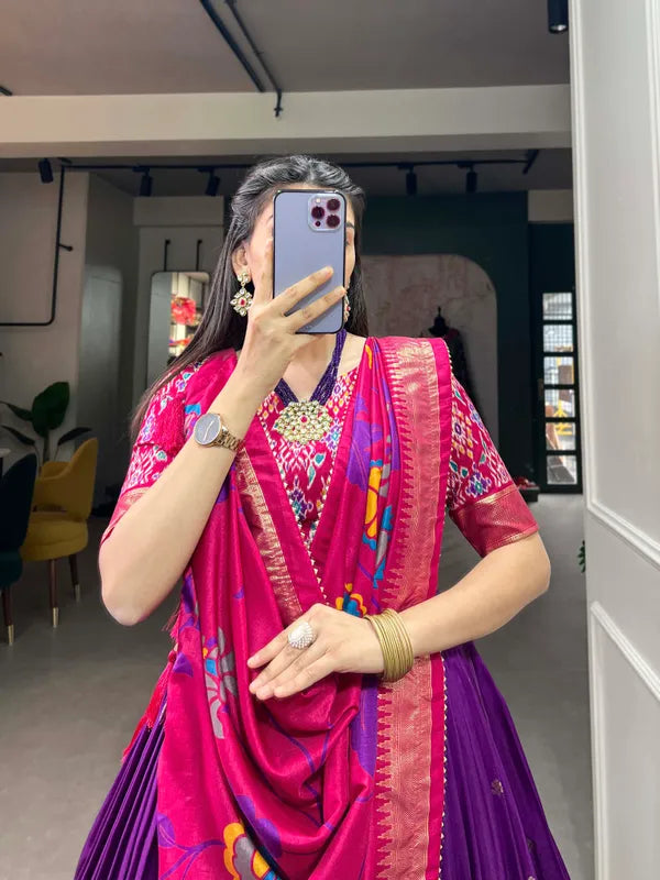 Purple Women Floral Woven Flared Lehenga & Choli With Dupatta