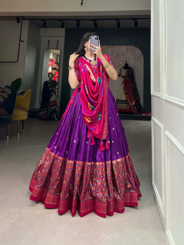 Purple Women Floral Woven Flared Lehenga & Choli With Dupatta