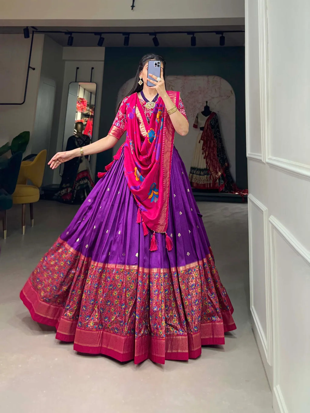 Purple Women Floral Woven Flared Lehenga & Choli With Dupatta
