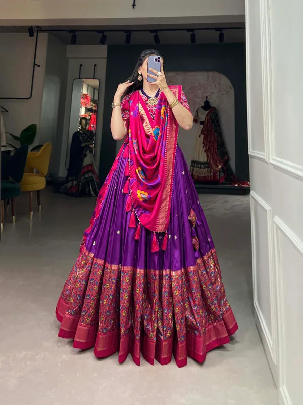 Purple Women Floral Woven Flared Lehenga & Choli With Dupatta