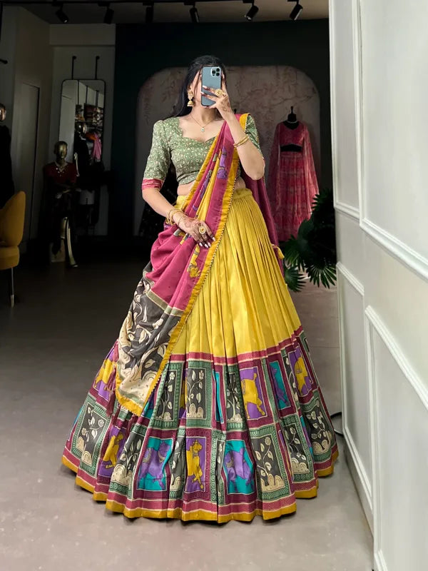 Yellow Color Tussar Silk Foil Print Lehenga Choli
