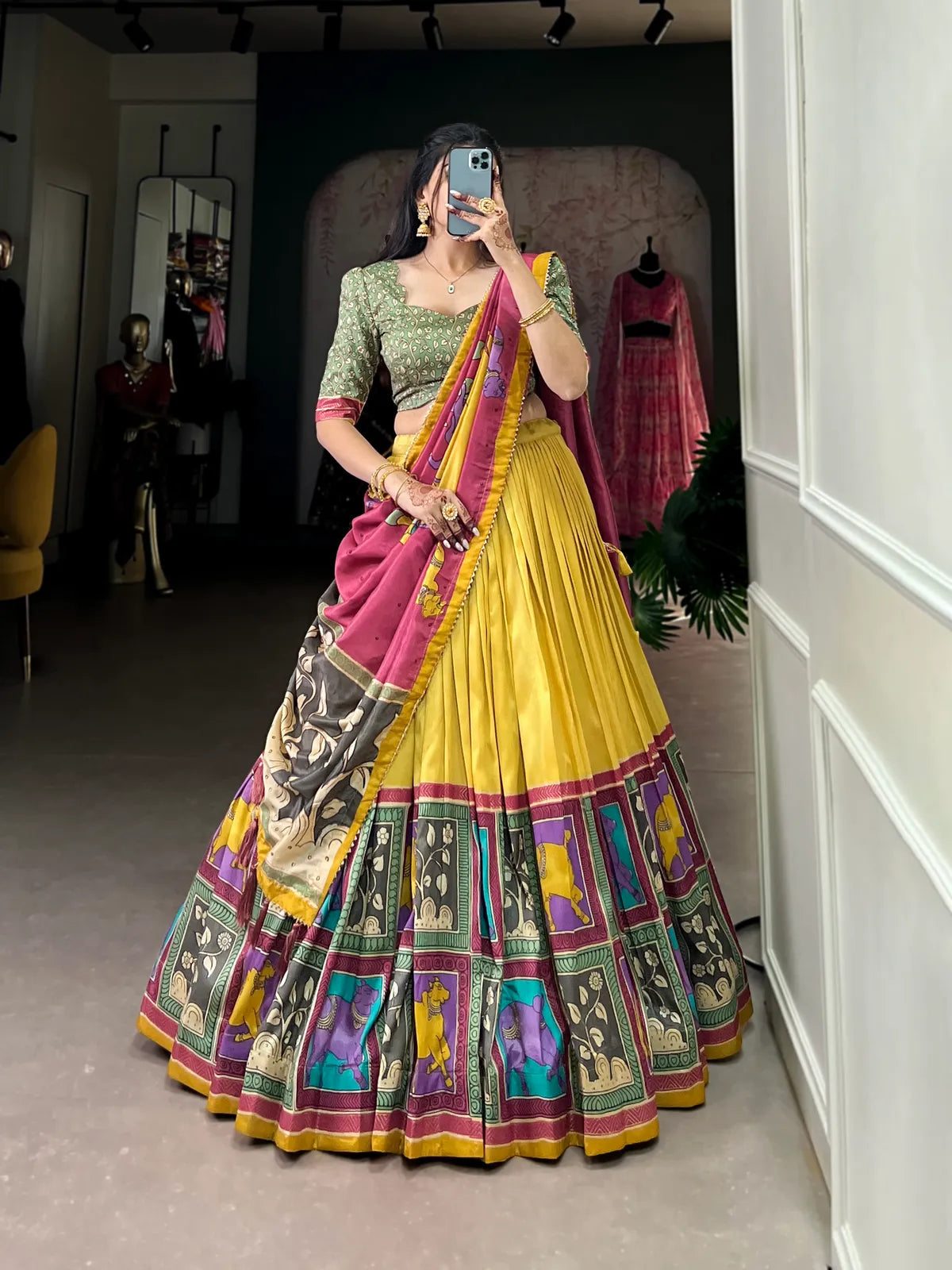 Yellow Color Tussar Silk Foil Print Lehenga Choli