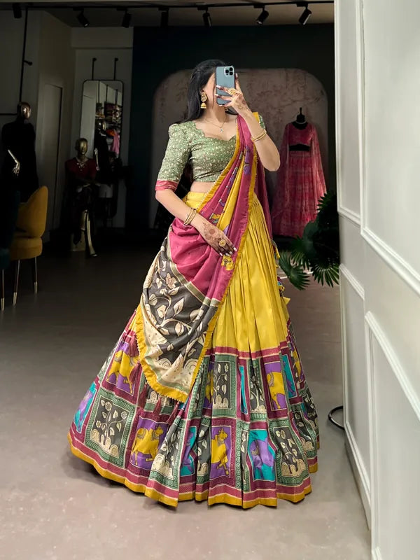 Yellow Color Tussar Silk Foil Print Lehenga Choli