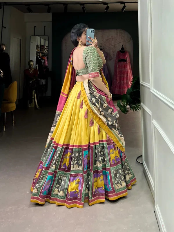 Yellow Color Tussar Silk Foil Print Lehenga Choli