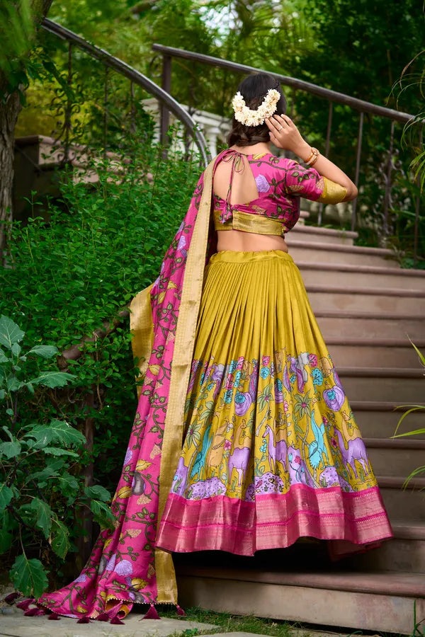 Mustard Color Dola Silk Designer Kalamkari Print Lehenga Choli