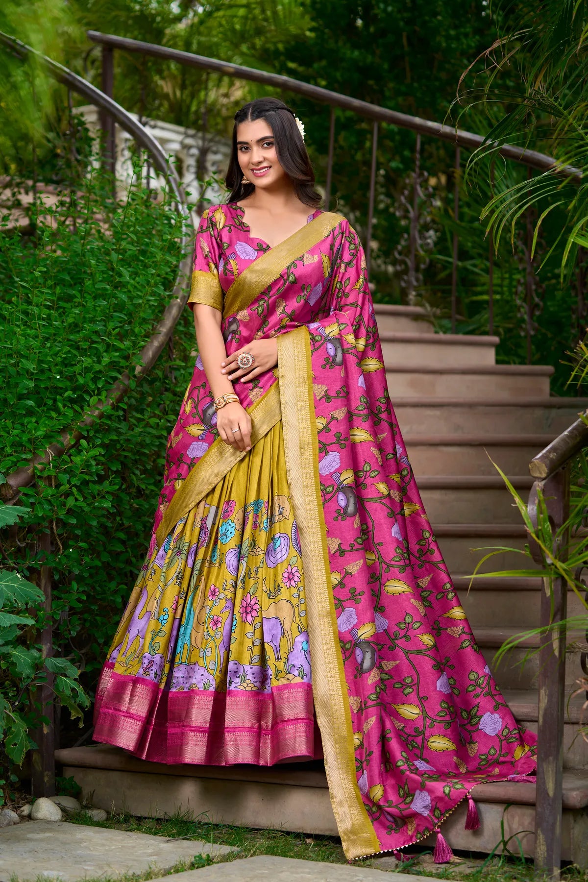 Mustard Color Dola Silk Designer Kalamkari Print Lehenga Choli