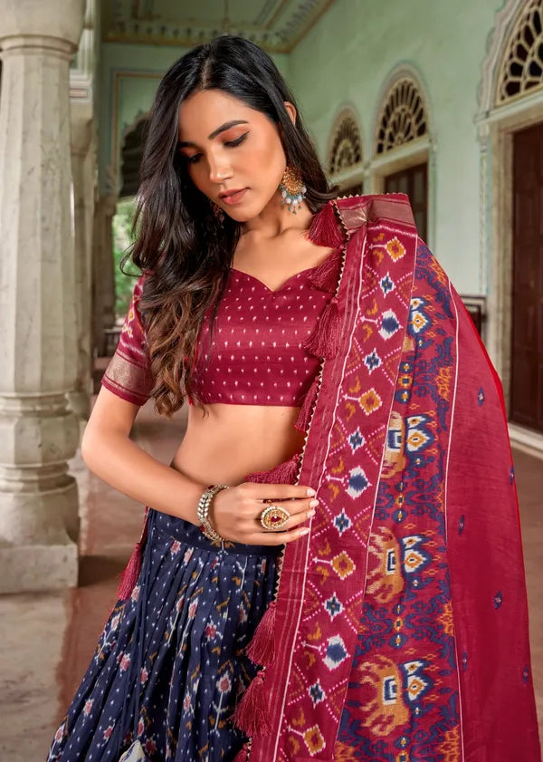 Navy Blue Tussar Silk Navy Blue Fabulously Patola Printed Stitched Lehenga & Blouse With Dupatta