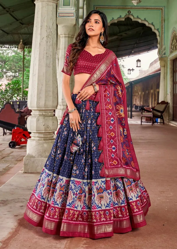Navy Blue Tussar Silk Navy Blue Fabulously Patola Printed Stitched Lehenga & Blouse With Dupatta