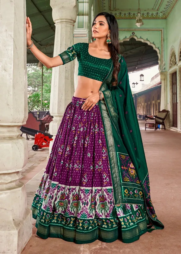 Purple Tussar Silk Purple Fabulously Patola Printed Stitched Lehenga & Blouse With Dupatta