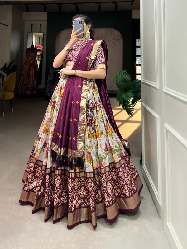 Wine Dola Silk Wine Patola Print Traditional Lehenga Choli (Flower Wine)