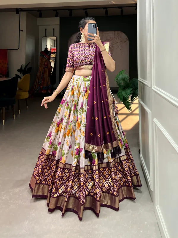 Wine Dola Silk Wine Patola Print Traditional Lehenga Choli (Flower Wine)