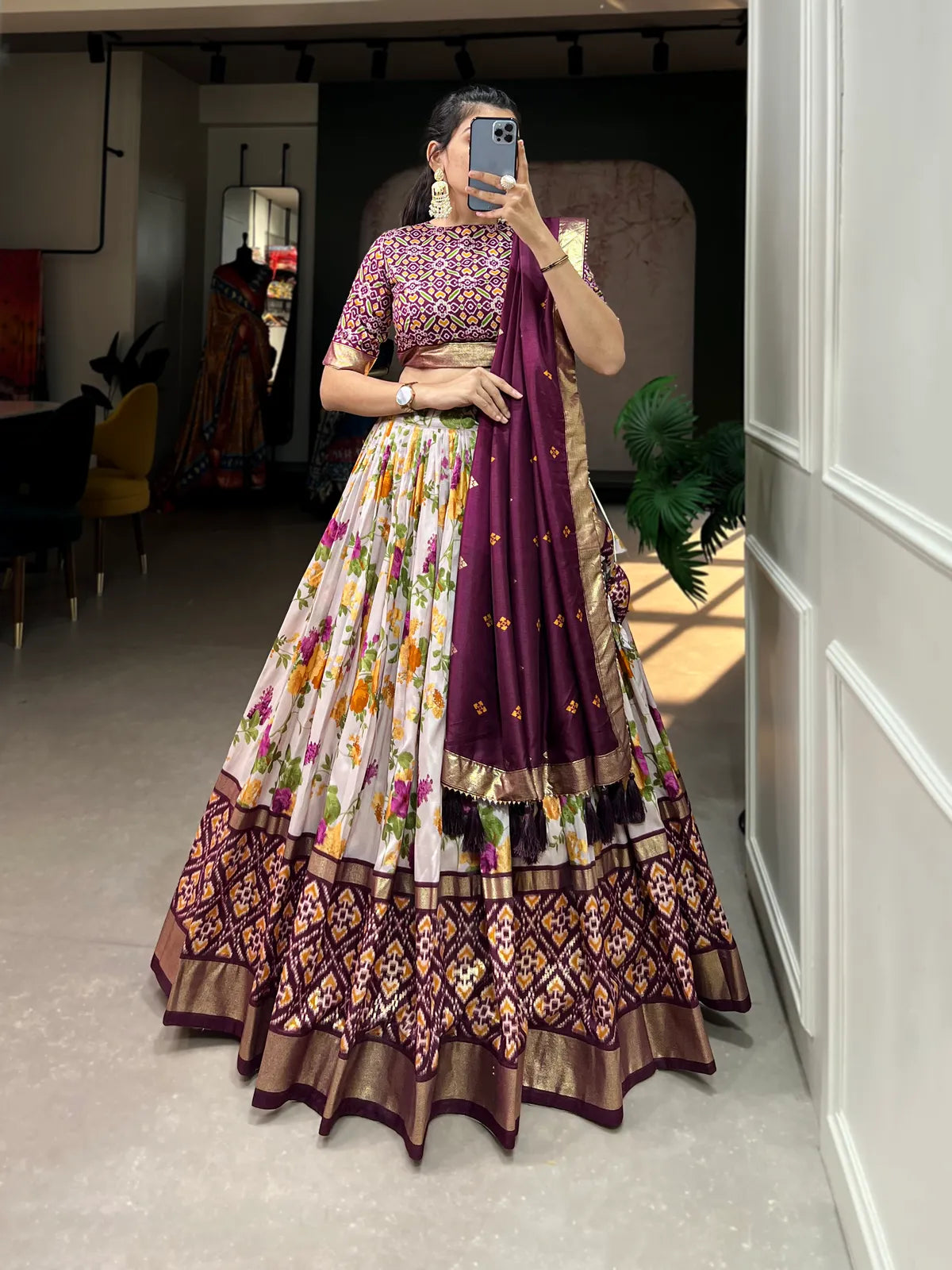 Wine Dola Silk Wine Patola Print Traditional Lehenga Choli (Flower Wine)